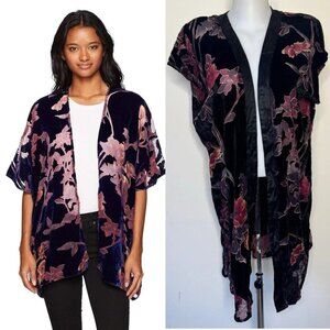Angie Burnout Crushed Velvet Kimono Floral Stain Trim Wrap Cardigan Black Sz S